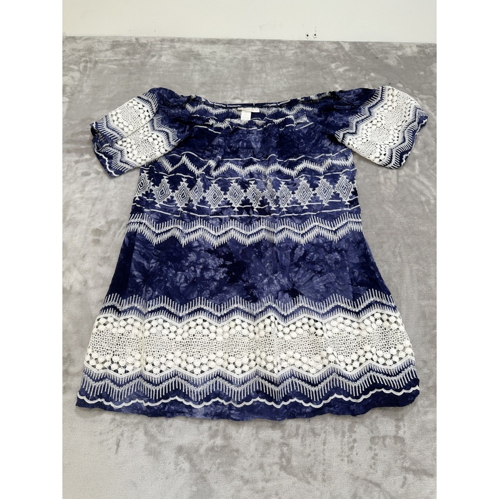 La Blanca Tunic Top Womens Size Large Blue‎ White Lace Boho Short Sleeve EUC